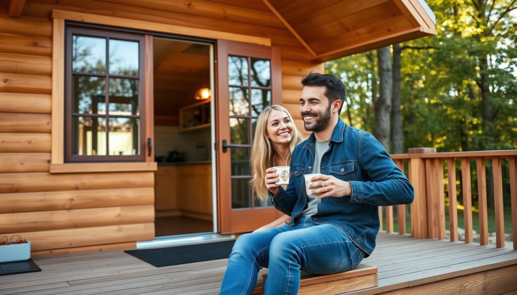 Happy couple enjoying coffee on the deck of their completed tiny house