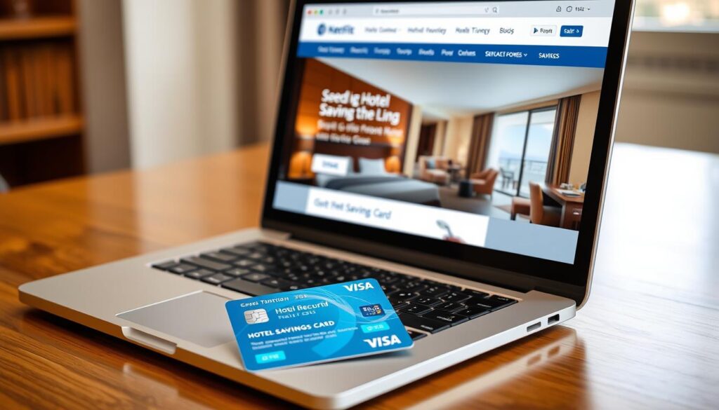 Hotel savings card next to a laptop showing booking website with discounted hotel rooms