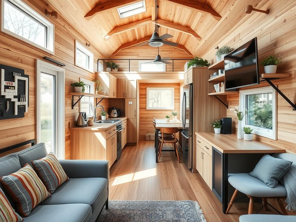 Interior of a tiny house showing efficient space utilization with multi-functional furniture