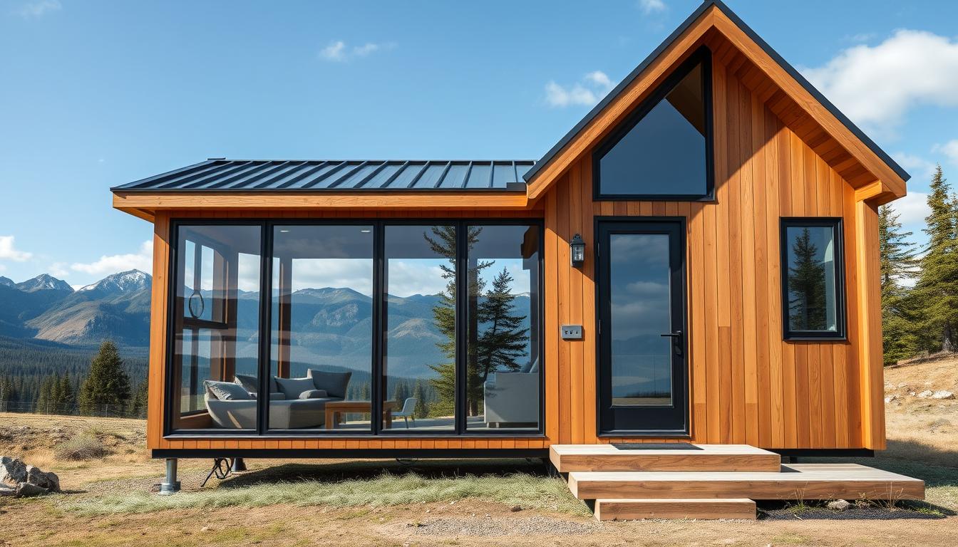 Modern tiny house with large windows and wooden exterior in a natural setting