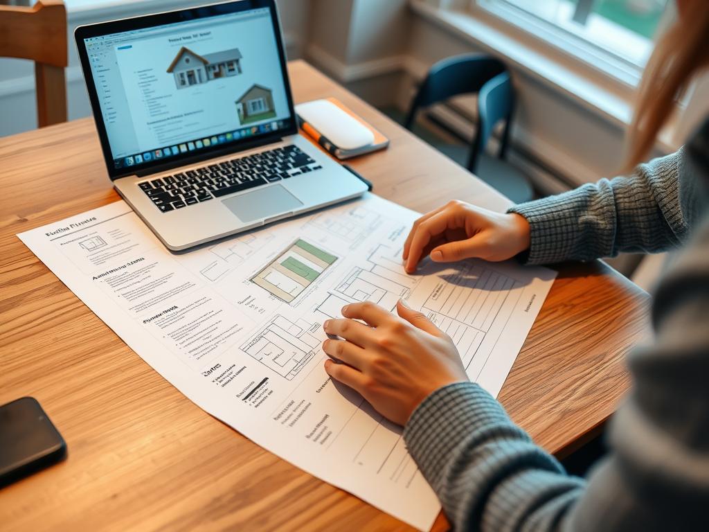 Person reviewing tiny house plans and zoning documents at a desk
