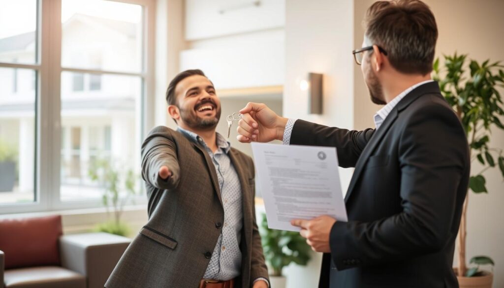 Real estate investor celebrating successful property acquisition with private money